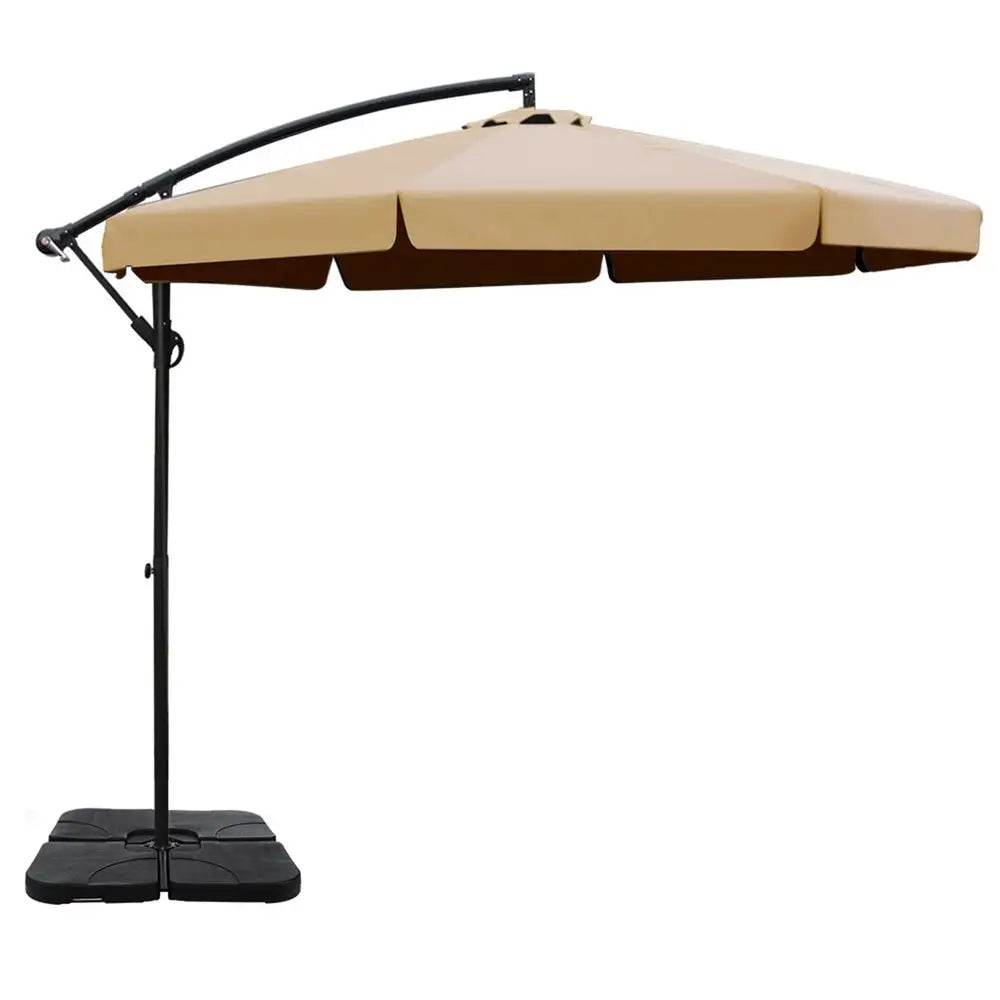 Instahut 3m Outdoor Umbrella w/Base Cantilever Garden Beach Patio Beige - Home & Garden > Shading > Umbrellas &