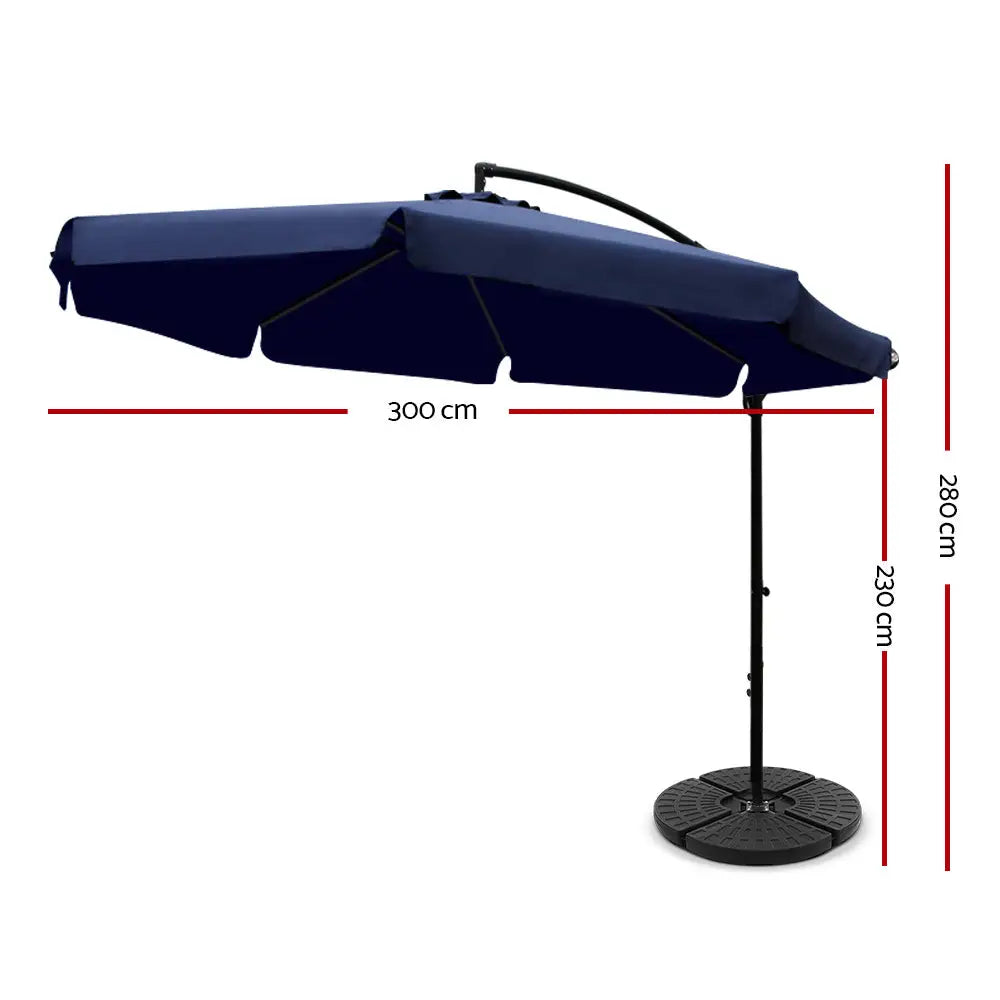 Instahut 3m Outdoor Umbrella w/Base Cantilever Garden Patio Beach Navy - Home & Garden > Shading > Umbrellas & Sunshades