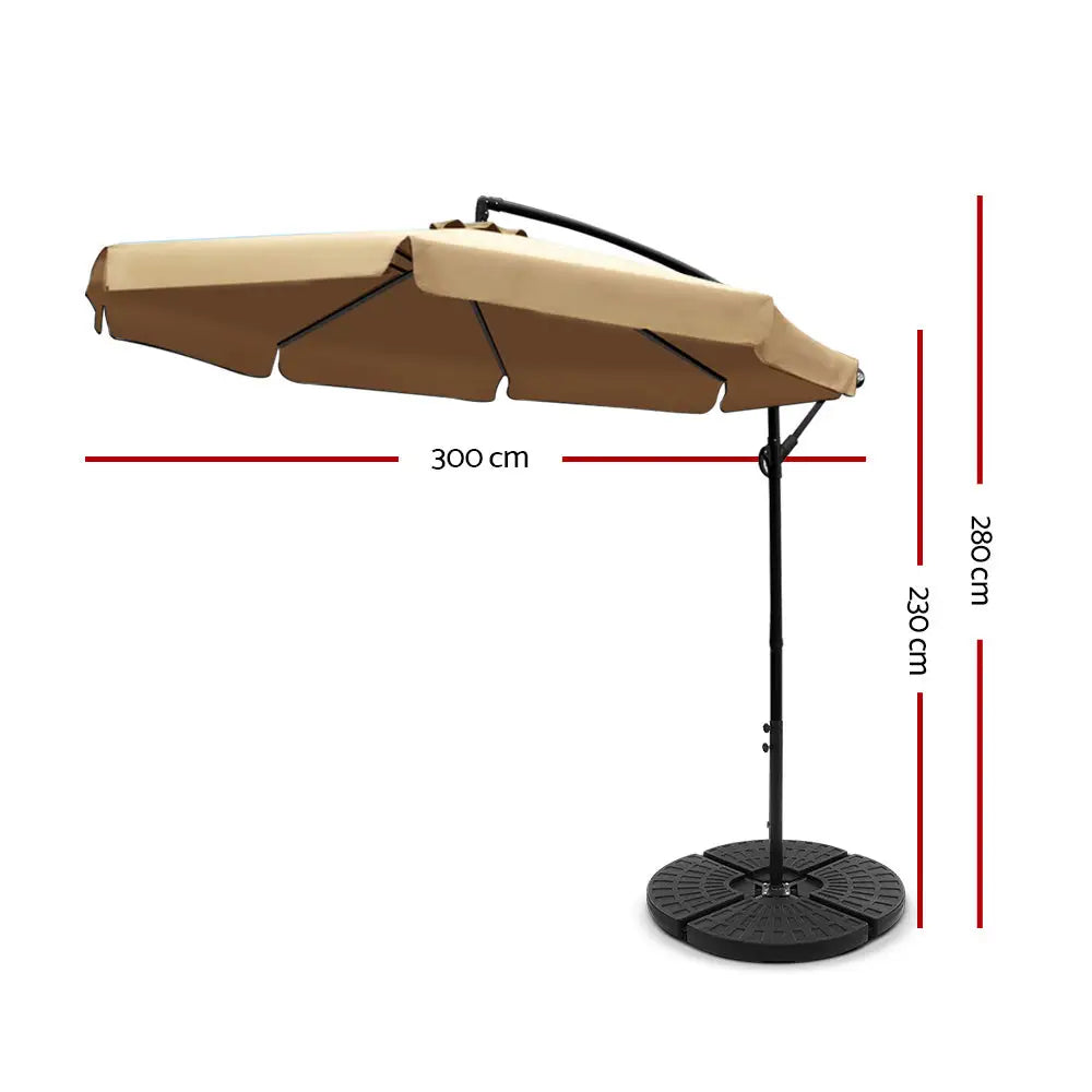 Instahut 3m Outdoor Umbrella w/Base Cantilever Garden Patio Beach Beige - Home & Garden > Shading > Umbrellas &