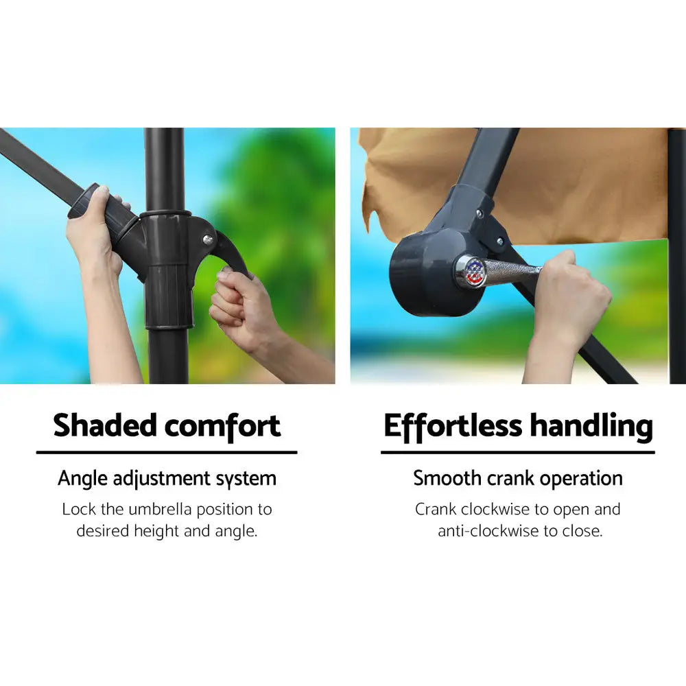 Instahut 3m Outdoor Umbrella w/Base Cantilever Garden Patio Beach Beige - Home & Garden > Shading > Umbrellas &