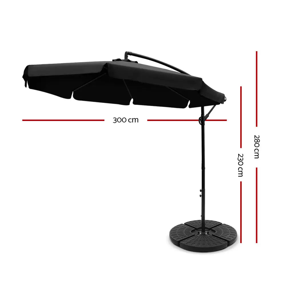 Instahut 3m Outdoor Umbrella w/Base Cantilever Garden Patio Beach Black - Home & Garden > Shading > Umbrellas &