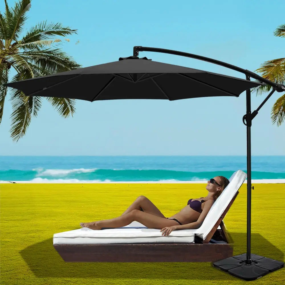 Instahut 3m Umbrella w/Base Outdoor Cantilever Beach Garden Patio Parasol Black - Home & Garden > Shading > Umbrellas &