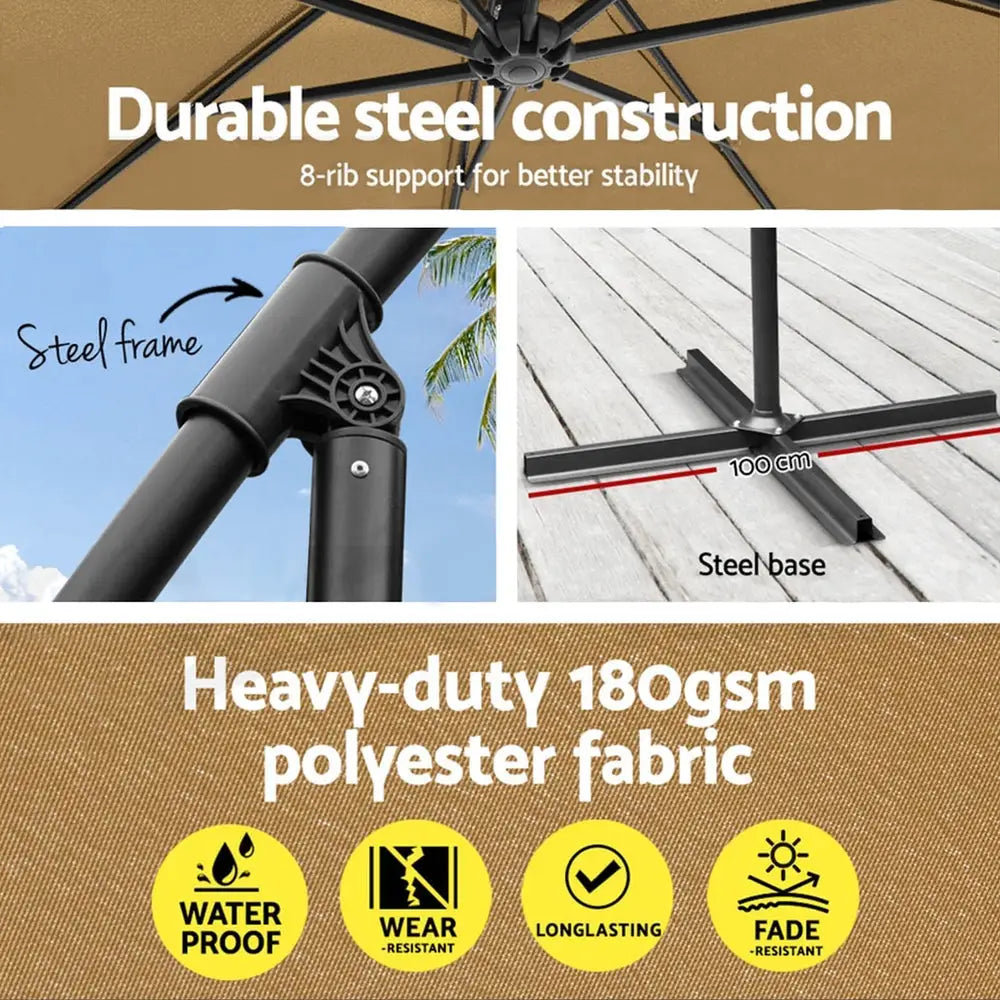 Instahut 3m Umbrella w/Base Outdoor Cantilever Beach Garden Patio Parasol Beige - Home & Garden > Shading > Umbrellas &