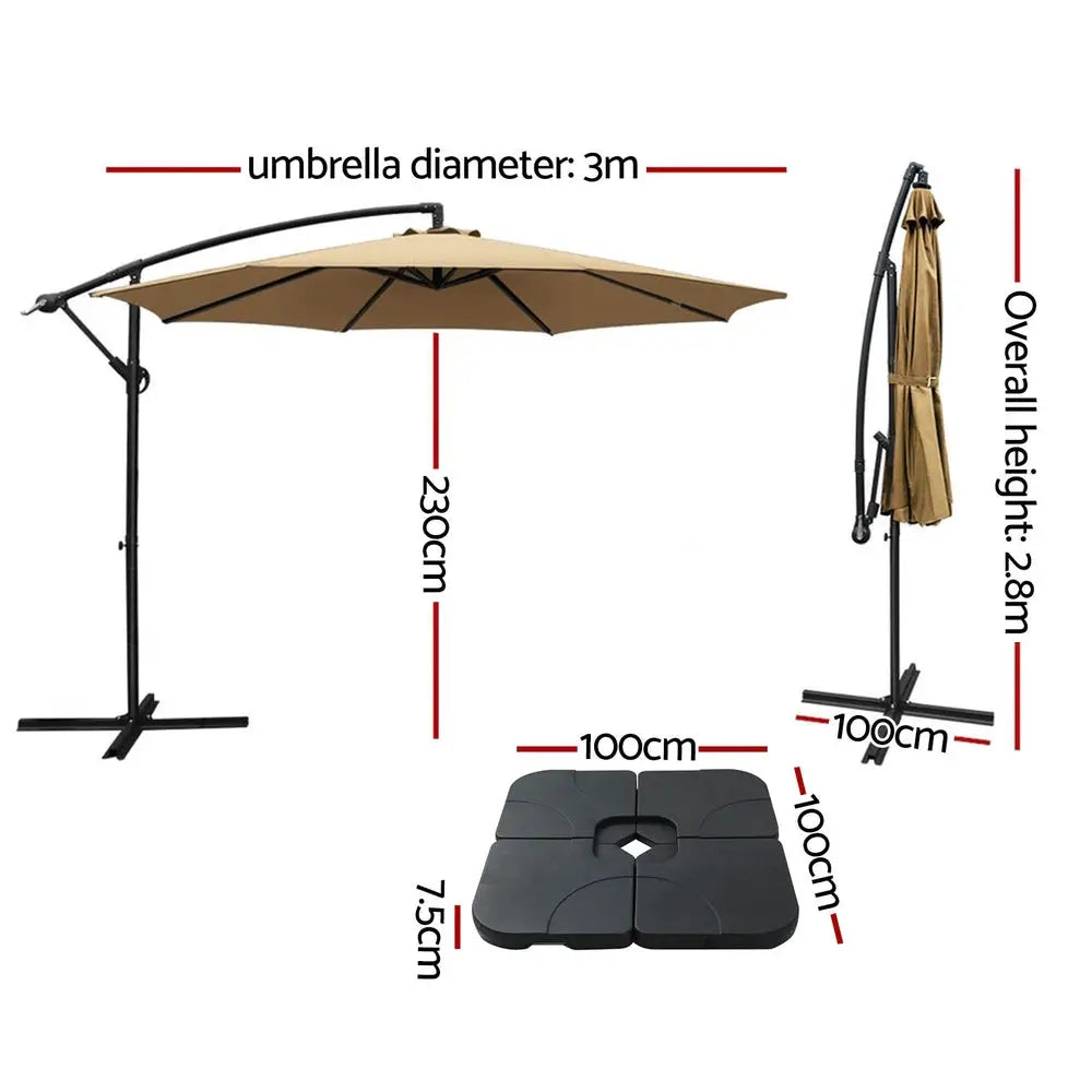 Instahut 3m Umbrella w/Base Outdoor Cantilever Beach Garden Patio Parasol Beige - Home & Garden > Shading > Umbrellas &