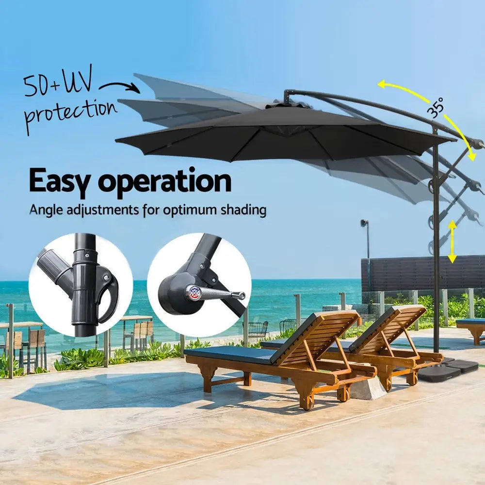 Instahut 3m Umbrella w/Base Outdoor Cantilever Beach Garden Patio Parasol Black - Home & Garden > Shading > Umbrellas &