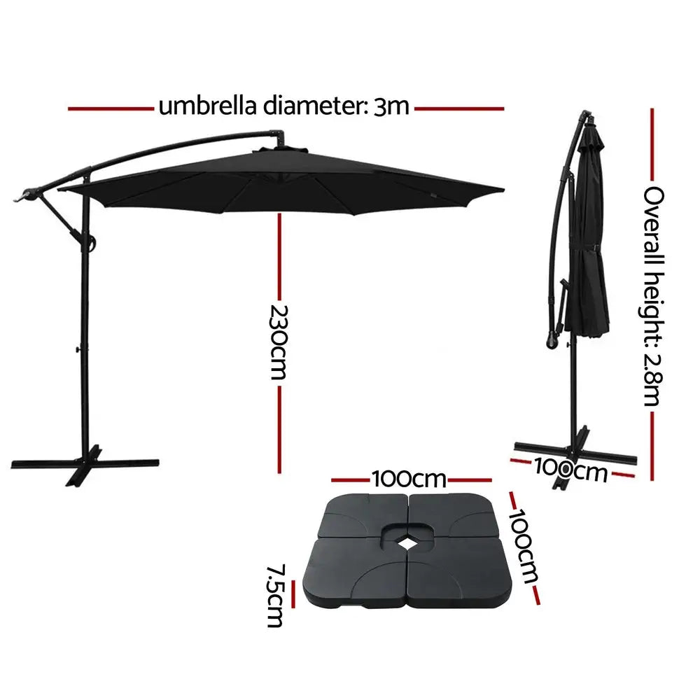 Instahut 3m Umbrella w/Base Outdoor Cantilever Beach Garden Patio Parasol Black - Home & Garden > Shading > Umbrellas &
