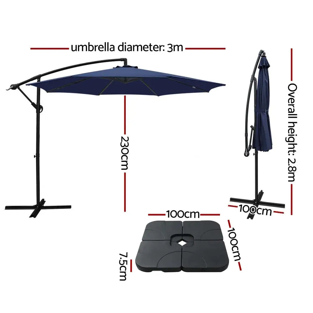 Instahut 3m Umbrella w/Base Outdoor Cantilever Beach Garden Patio Parasol Navy - Home & Garden > Shading > Umbrellas &