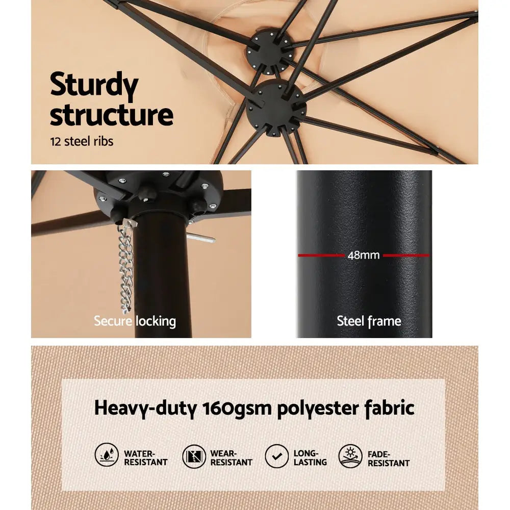 Instahut 4.57m Outdoor Umbrella w/Base Stand Beach Pole Garden Tilt Beige - Home & Garden > Shading > Umbrellas &