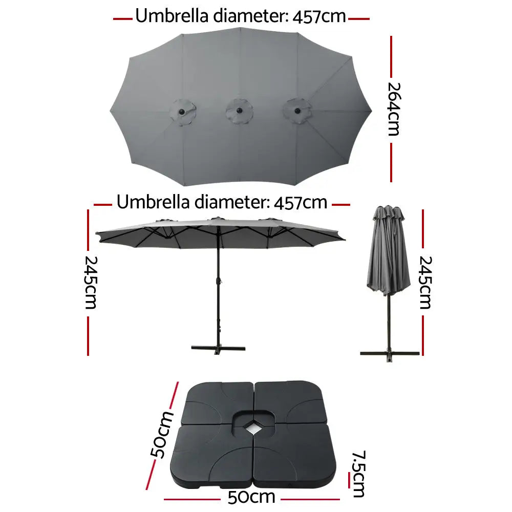 Instahut 4.57m Outdoor Umbrella w/Base Stand Beach Pole Garden Tilt Charcoal - Home & Garden > Shading > Umbrellas &
