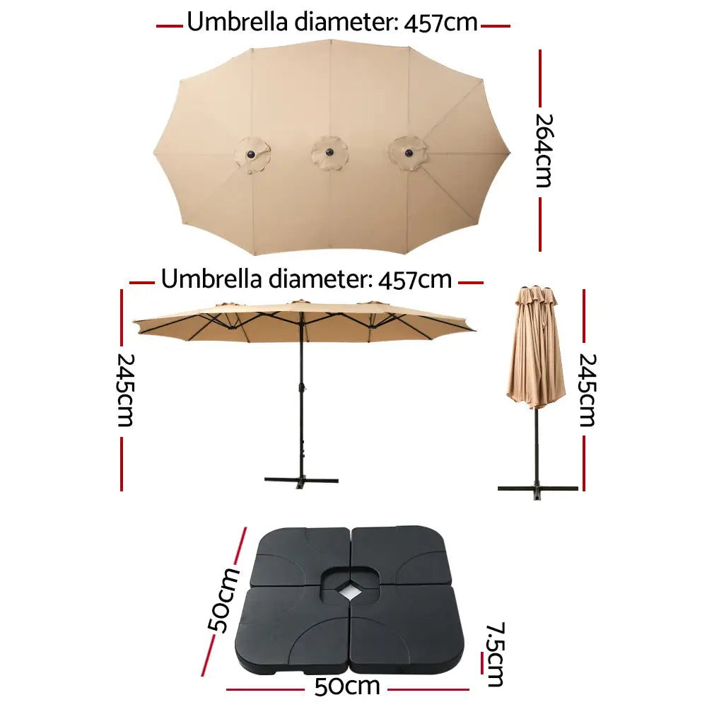 Instahut 4.57m Outdoor Umbrella w/Base Stand Beach Pole Garden Tilt Beige - Home & Garden > Shading > Umbrellas &