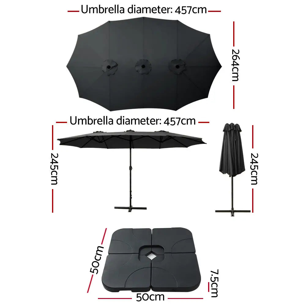 Instahut 4.57m Outdoor Umbrella w/Base Stand Beach Pole Garden Tilt Black - Home & Garden > Shading > Umbrellas &