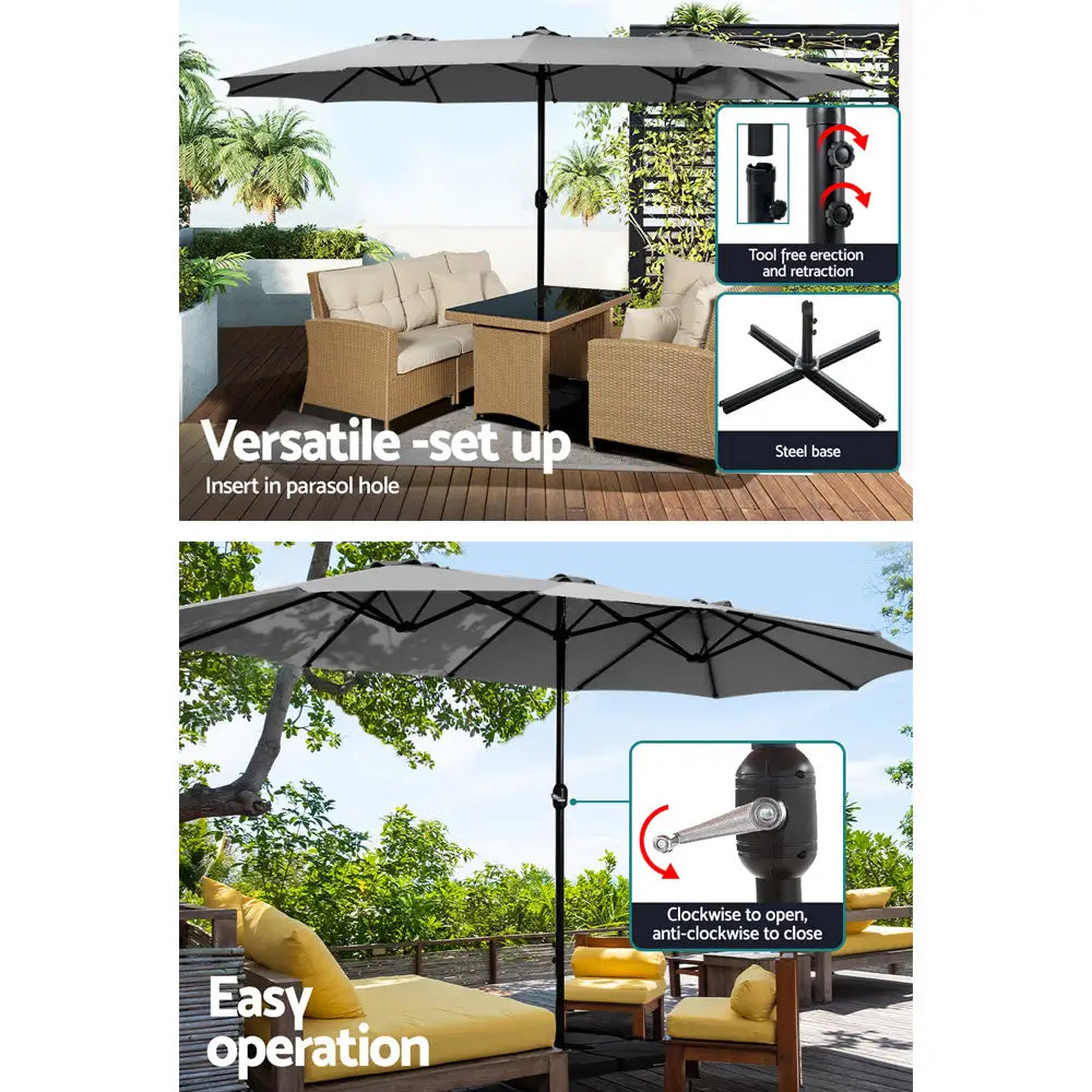 Instahut 4.57m Outdoor Umbrella w/Base Stand Beach Pole Garden Tilt Charcoal - Home & Garden > Shading > Umbrellas &