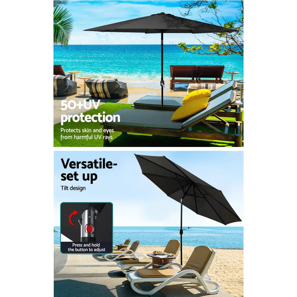 Instahut Outdoor Umbrella 2.7m Base Beach Pole Garden Tilt Sun Patio UV Black - Home & Garden > Shading > Umbrellas &