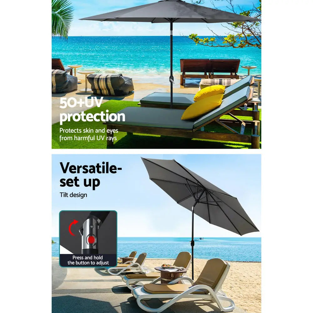 Instahut Outdoor Umbrella 3m Base Beach Pole Garden Tilt Sun Patio UV Charcoal - Home & Garden > Shading > Umbrellas &