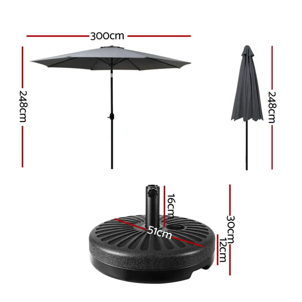 Instahut Outdoor Umbrella 3m Base Beach Pole Garden Tilt Sun Patio UV Charcoal - Home & Garden > Shading > Umbrellas &