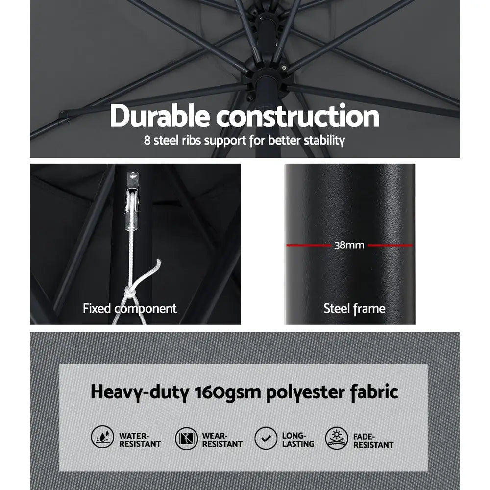 Instahut Outdoor Umbrella 3m Base Beach Pole Garden Tilt Sun Patio UV Charcoal - Home & Garden > Shading > Umbrellas &