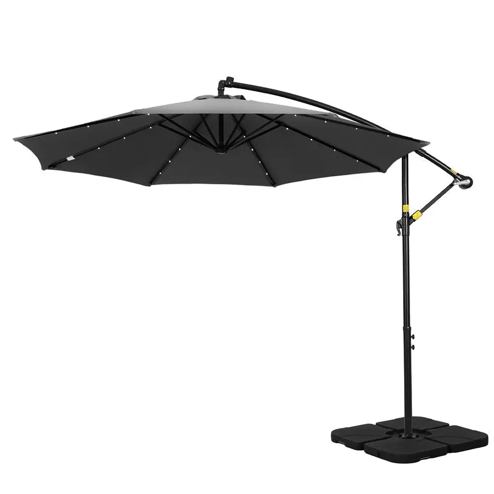 Instahut Outdoor Umbrella 3M Cantilever Beach LED Base Garden Sun Patio Charcoal - Home & Garden > Shading > Umbrellas