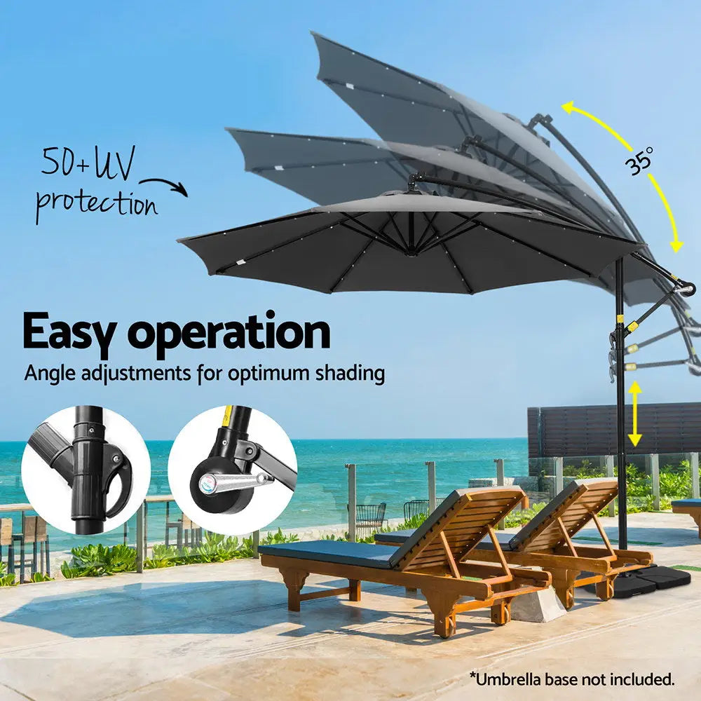 Instahut Outdoor Umbrella 3M Cantilever Beach LED Base Garden Sun Patio Charcoal - Home & Garden > Shading > Umbrellas