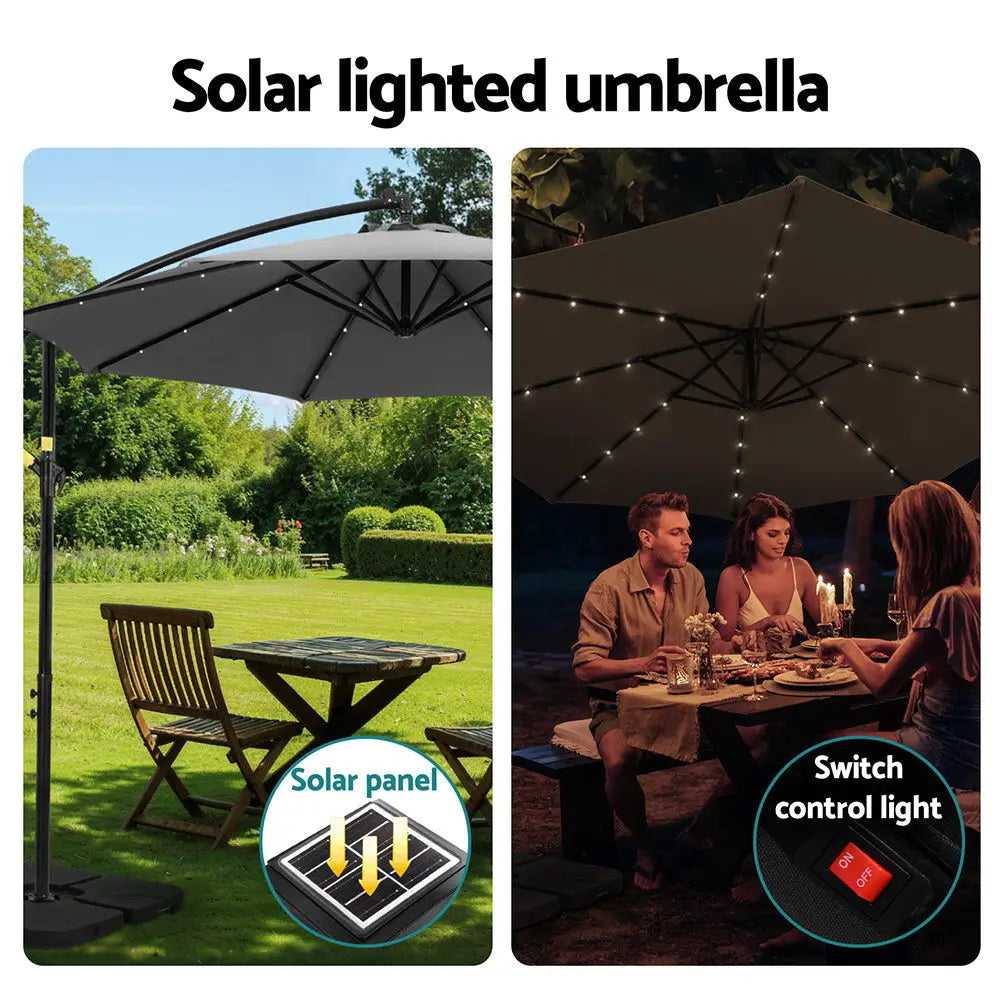Instahut Outdoor Umbrella 3M Cantilever Beach LED Base Garden Sun Patio Charcoal - Home & Garden > Shading > Umbrellas