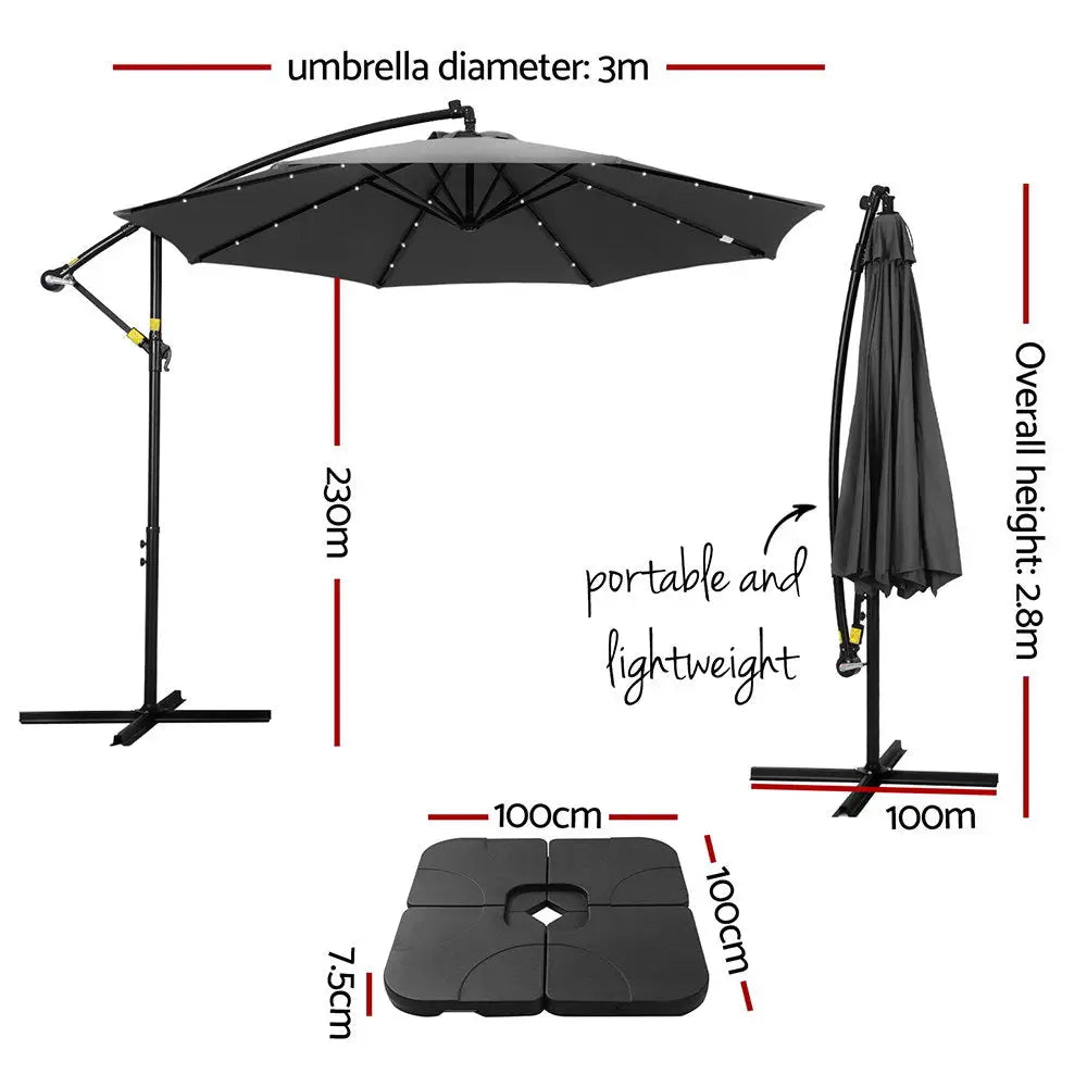 Instahut Outdoor Umbrella 3M Cantilever Beach LED Base Garden Sun Patio Charcoal - Home & Garden > Shading > Umbrellas