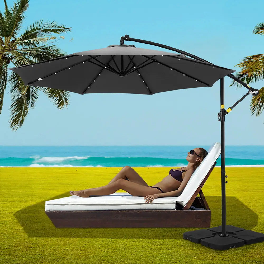 Instahut Outdoor Umbrella 3M Cantilever Beach LED Base Garden Sun Patio Charcoal - Home & Garden > Shading > Umbrellas