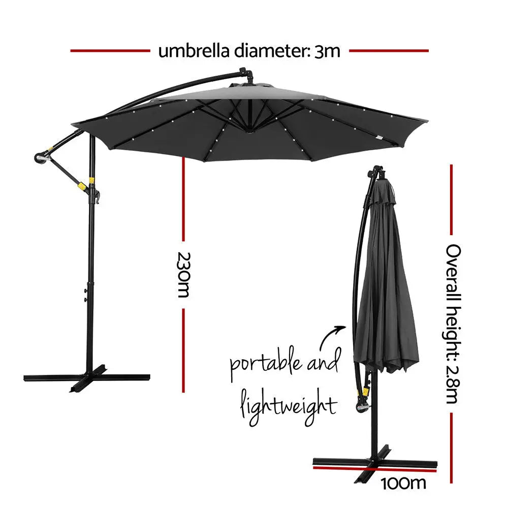 Instahut Outdoor Umbrella 3M Cantilever Beach LED Garden Shade Patio Charcoal - Home & Garden > Shading > Umbrellas &