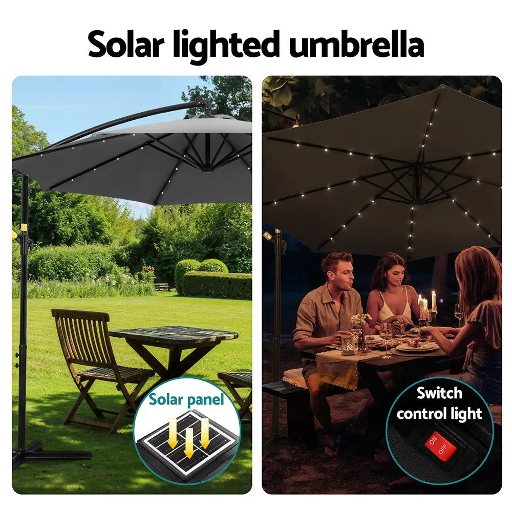 Instahut Outdoor Umbrella 3M Cantilever Beach LED Garden Shade Patio Charcoal - Home & Garden > Shading > Umbrellas &
