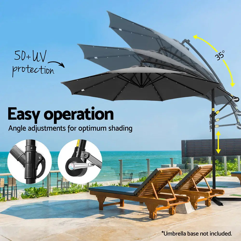 Instahut Outdoor Umbrella 3M Cantilever Beach LED Garden Shade Patio Charcoal - Home & Garden > Shading > Umbrellas &