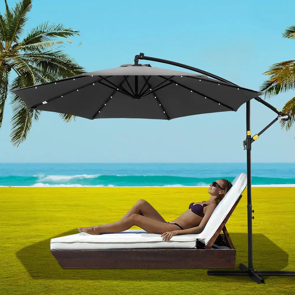 Instahut Outdoor Umbrella 3M Cantilever Beach LED Garden Shade Patio Charcoal - Home & Garden > Shading > Umbrellas &