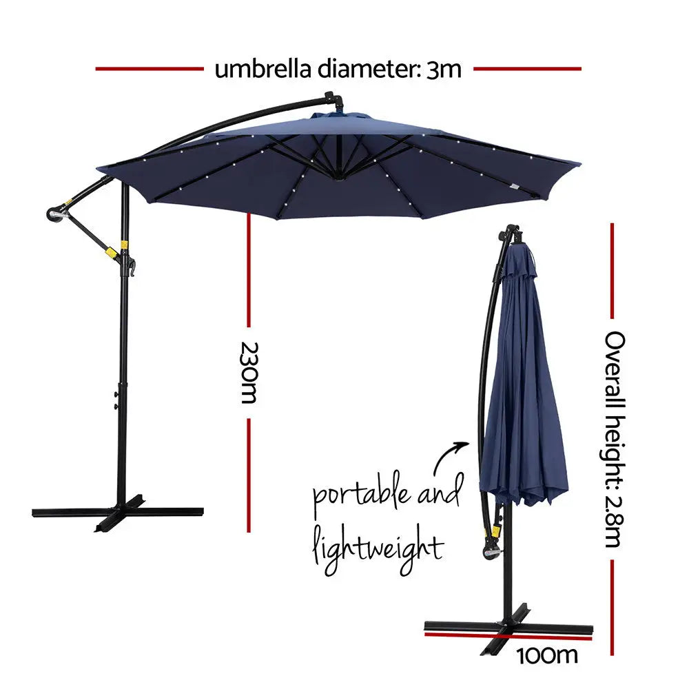 Instahut Outdoor Umbrella 3M Cantilever Beach LED Umbrellas Garden Shade Patio - Home & Garden > Shading > Umbrellas &