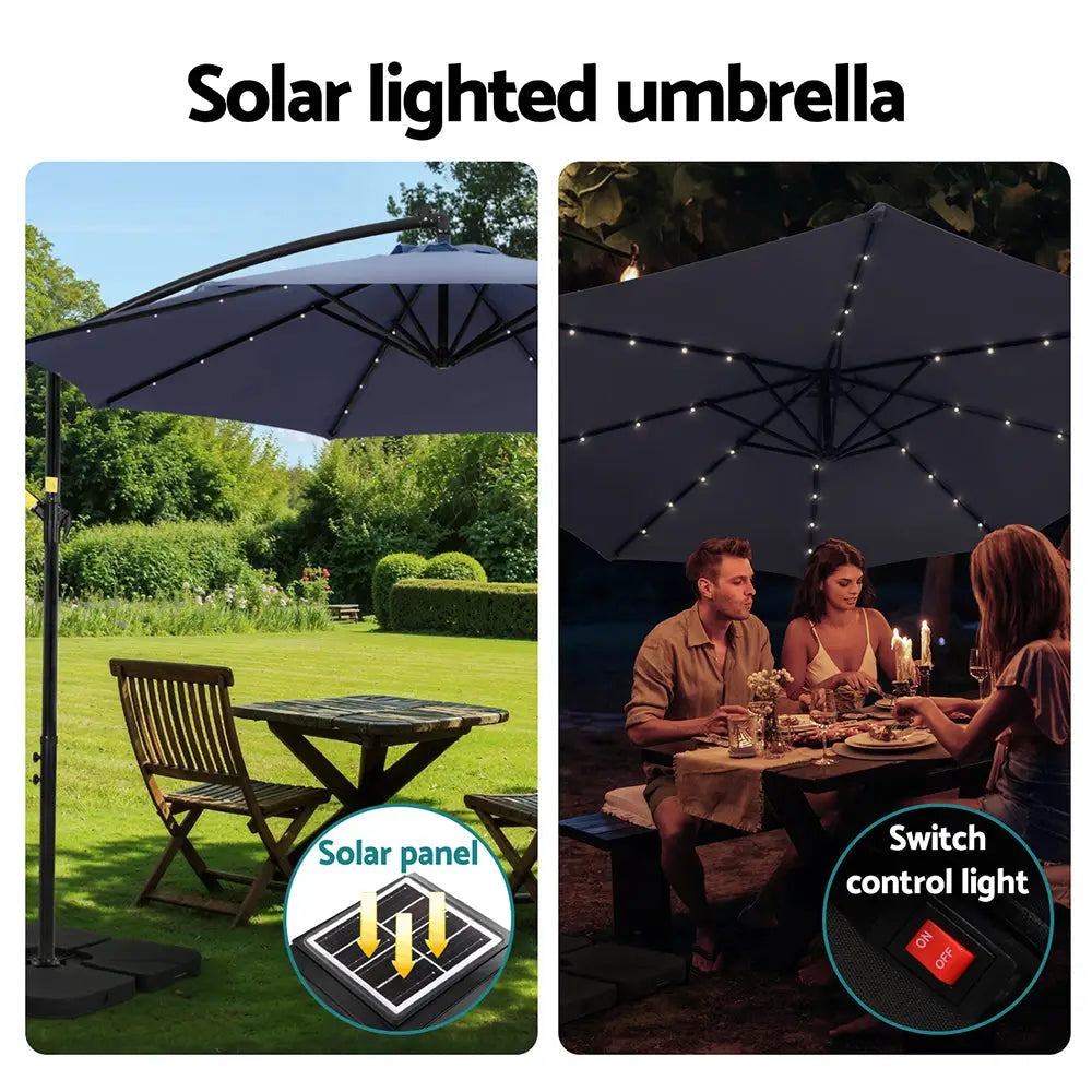 Instahut Outdoor Umbrella 3M Cantilever Beach LED w/Base Garden Shade Patio Navy - Home & Garden > Shading > Umbrellas