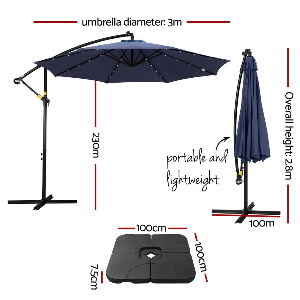 Instahut Outdoor Umbrella 3M Cantilever Beach LED w/Base Garden Shade Patio Navy - Home & Garden > Shading > Umbrellas
