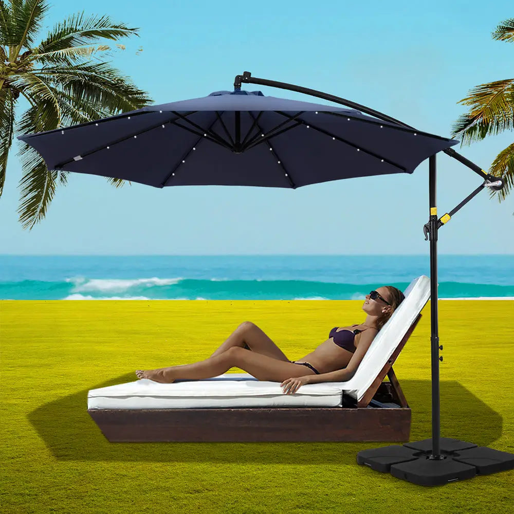 Instahut Outdoor Umbrella 3M Cantilever Beach LED w/Base Garden Shade Patio Navy - Home & Garden > Shading > Umbrellas