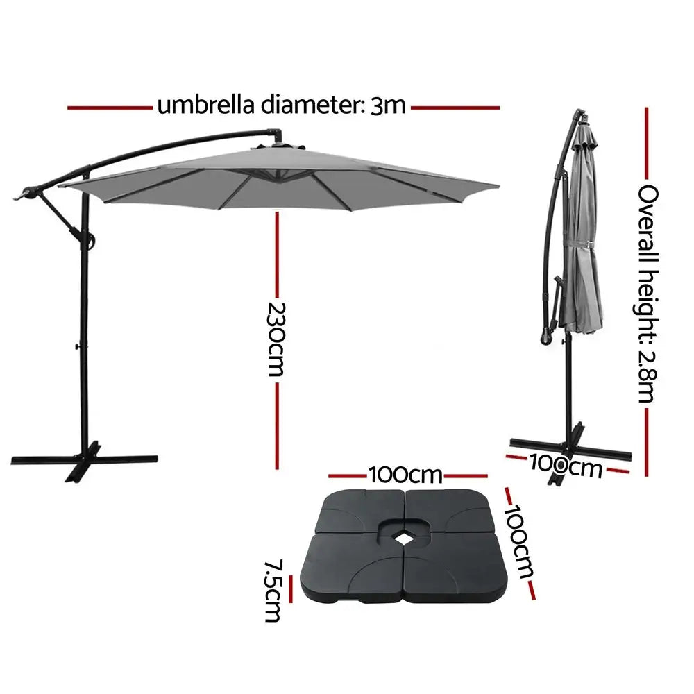 Instahut Umbrella Outdoor Umbrellas Cantilever Sun Stand UV Garden Base Grey 3M - Home & Garden > Shading > Umbrellas &