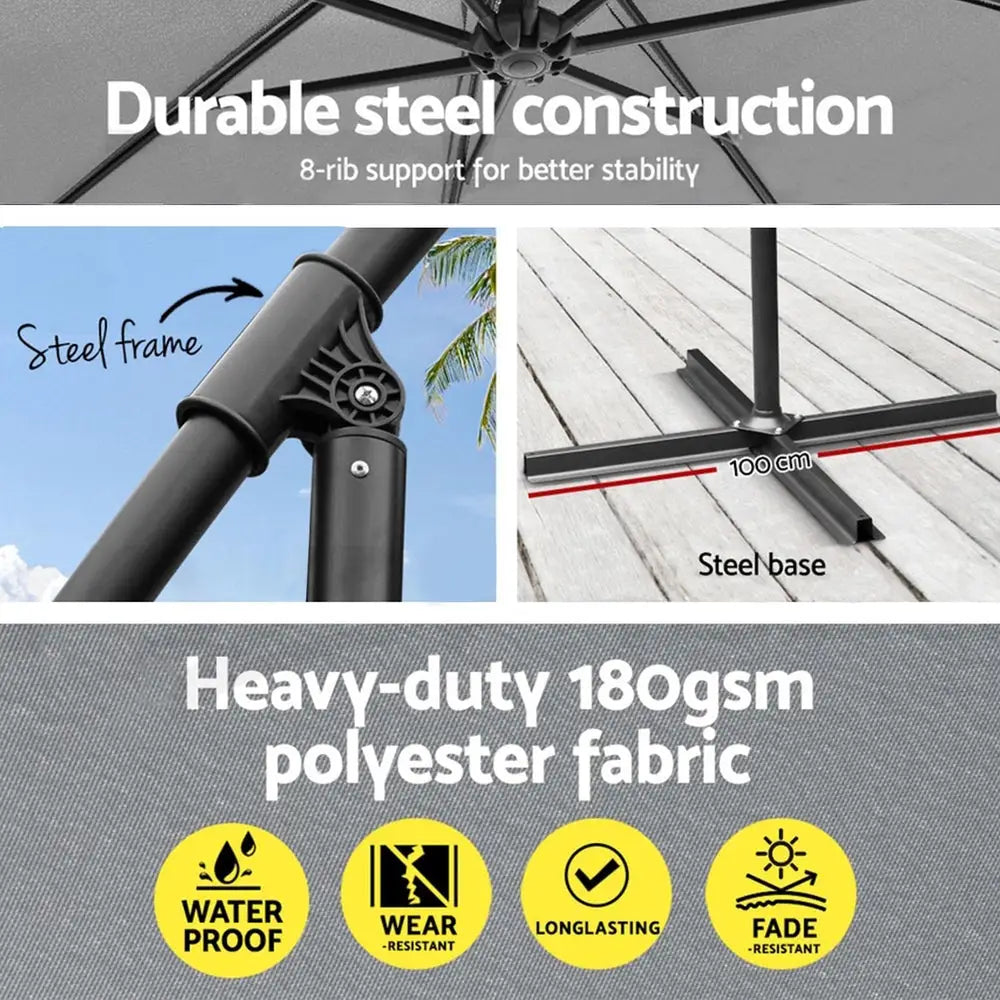 Instahut Umbrella Outdoor Umbrellas Cantilever Sun Stand UV Garden Base Grey 3M - Home & Garden > Shading > Umbrellas &
