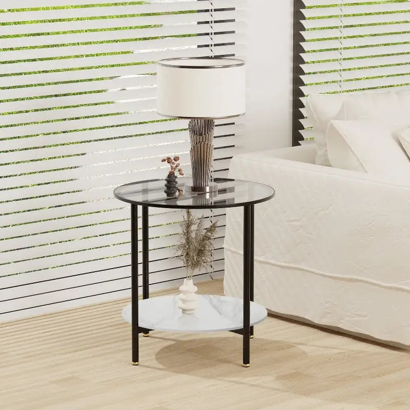 Interior Ave - Cosmopolitan Two Tier Mix Side Table - Marble & Glass - Furniture > Living Room