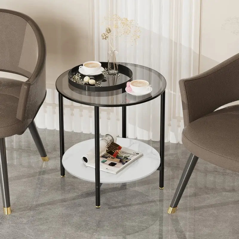 Interior Ave - Cosmopolitan Two Tier Mix Side Table - Marble & Glass - Furniture > Living Room