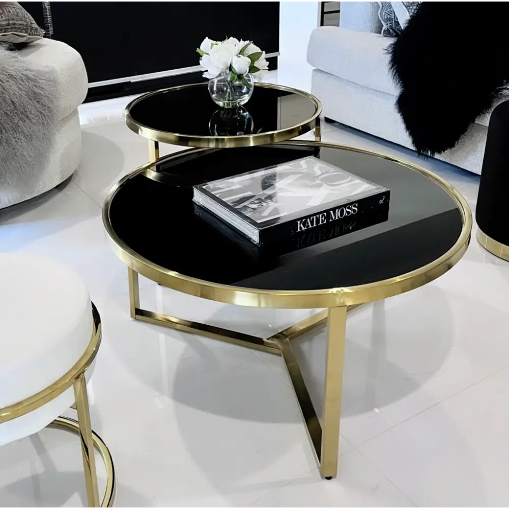 Interior Ave - Designer Giselle Black Glass & Brushed Gold Coffee Table Set - Furniture > Living Room