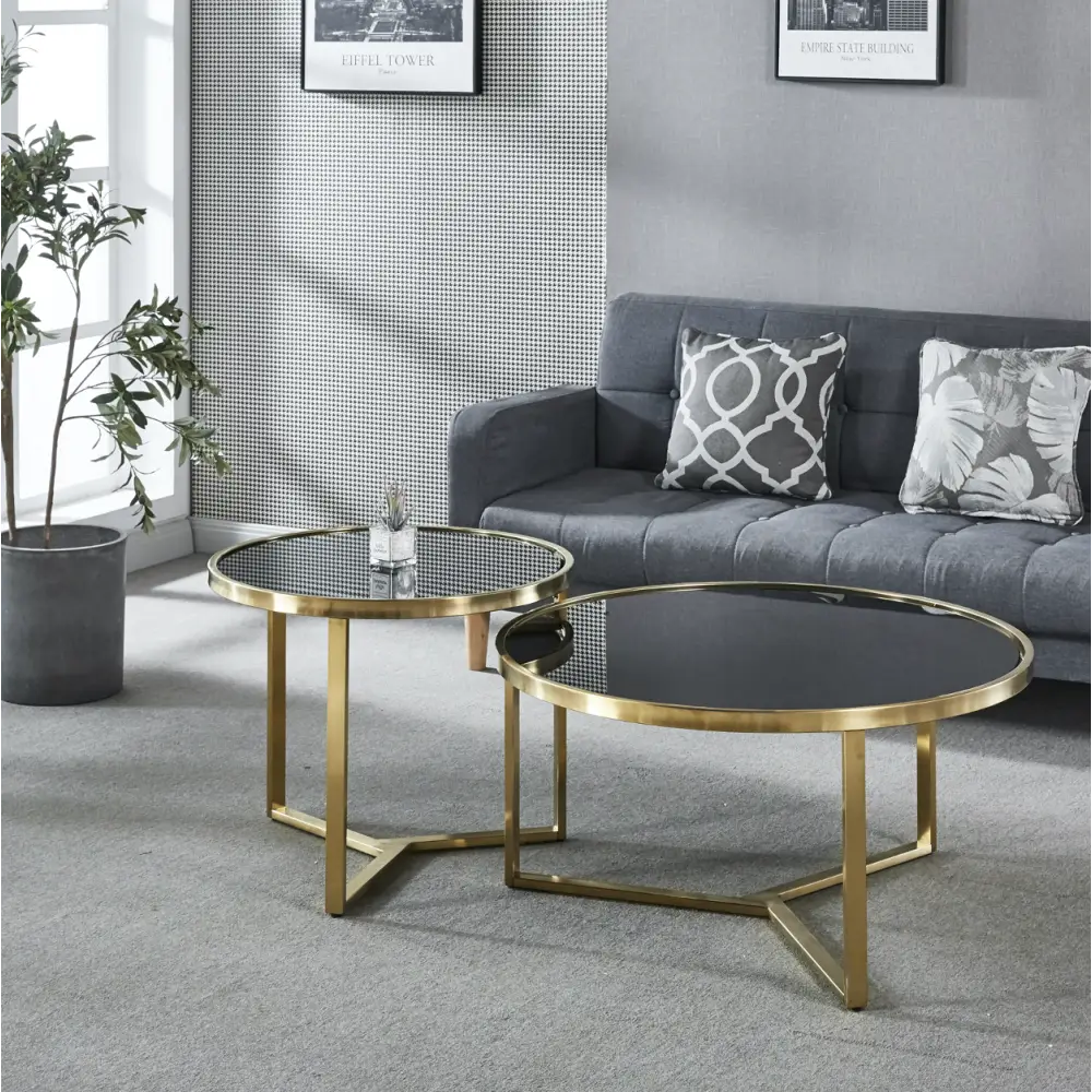 Interior Ave - Designer Giselle Black Glass & Brushed Gold Coffee Table Set - Furniture > Living Room