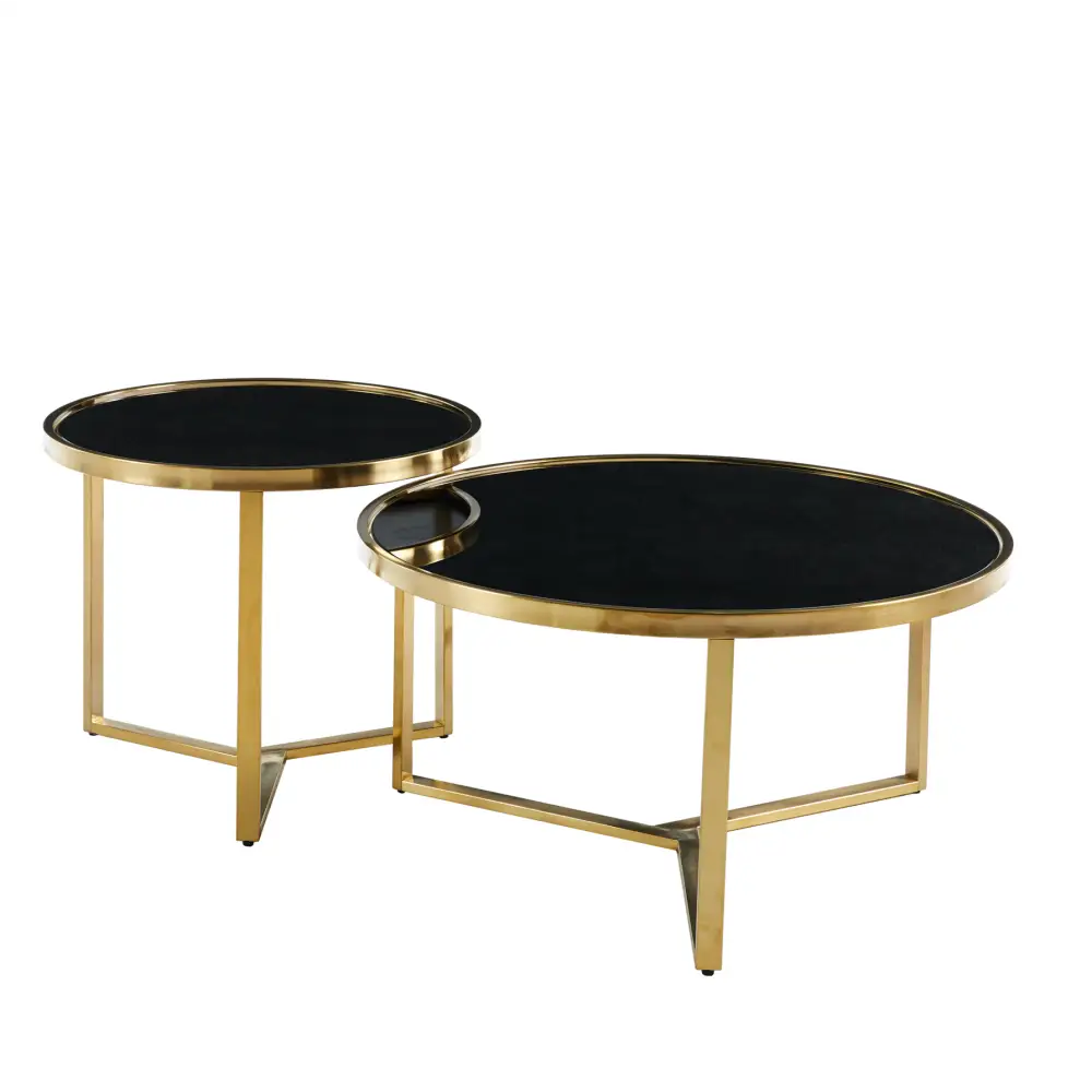 Interior Ave - Designer Giselle Black Glass & Brushed Gold Coffee Table Set - Furniture > Living Room