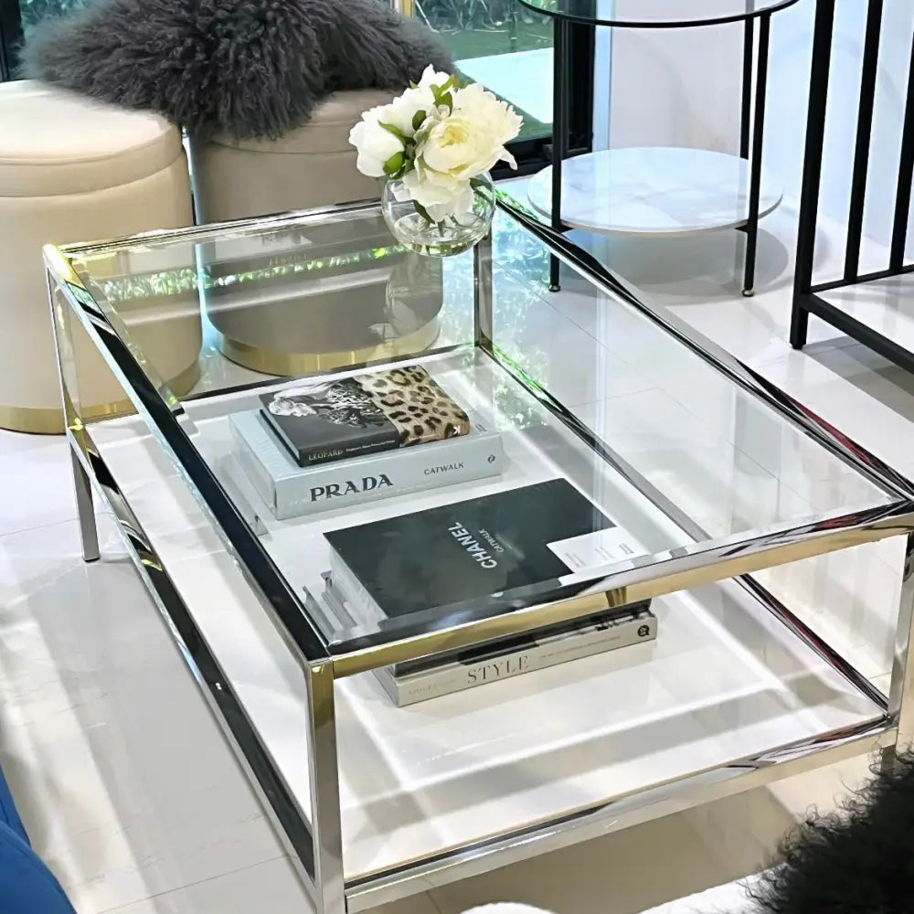 Interior Ave - Vogue Coffee Table - White Marble Stone & Glass - Furniture > Living Room