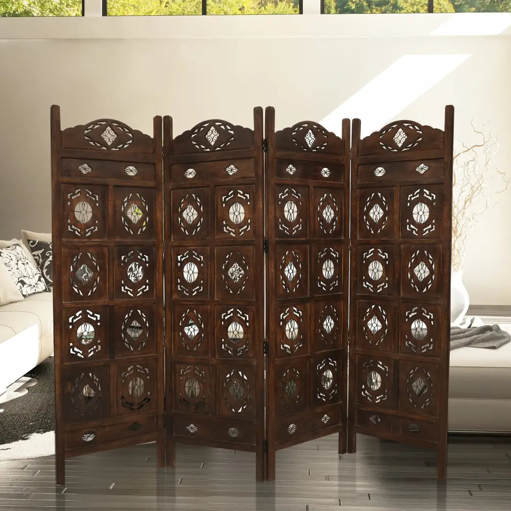 Iron Jali 4 Panel Room Divider Screen Privacy Shoji Timber Wood Stand - Burnt - Furniture > Bedroom > Room Dividers