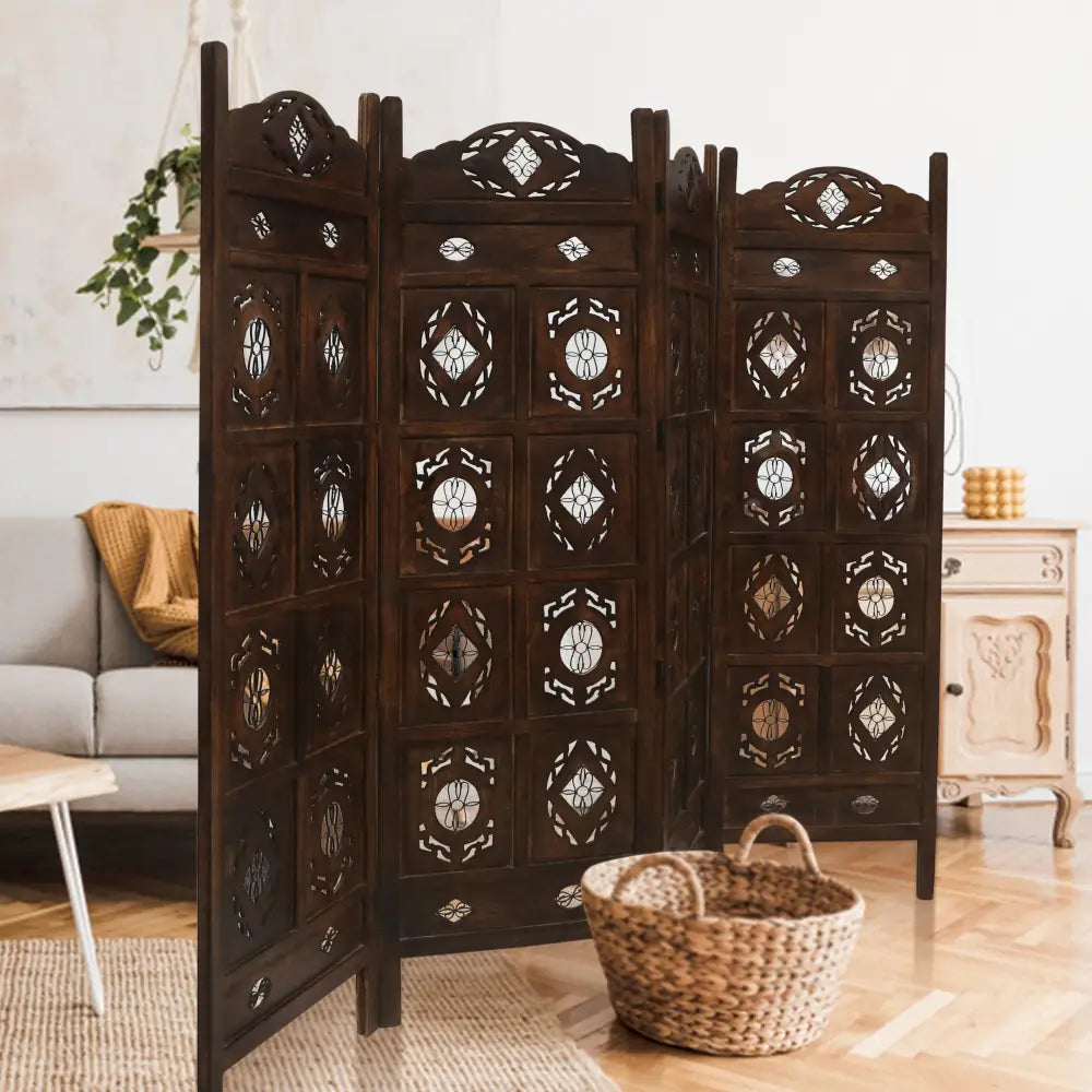 Iron Jali 4 Panel Room Divider Screen Privacy Shoji Timber Wood Stand - Burnt - Furniture > Bedroom > Room Dividers