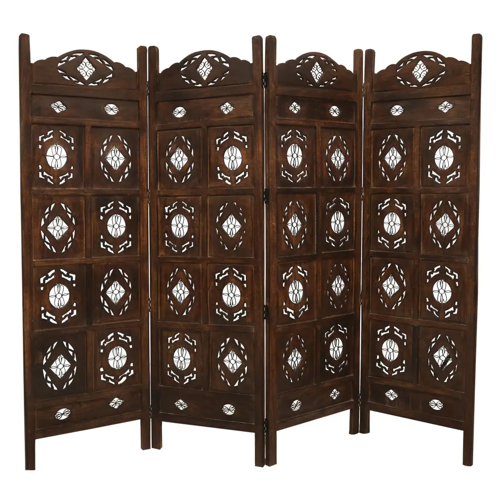 Iron Jali 4 Panel Room Divider Screen Privacy Shoji Timber Wood Stand - Burnt - Furniture > Bedroom > Room Dividers