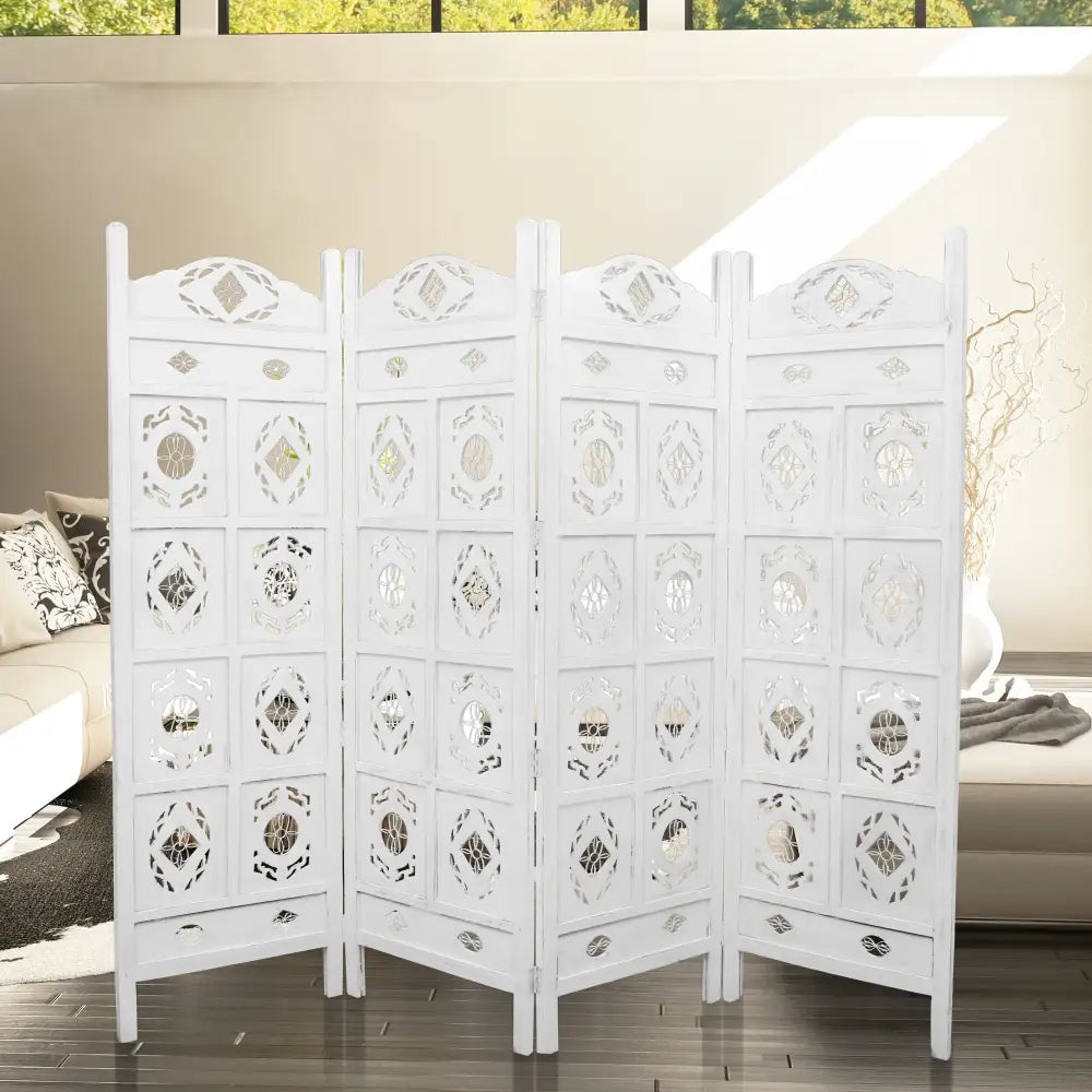 Iron Jali 4 Panel Room Divider Screen Privacy Shoji Timber Wood Stand - White - Furniture > Living Room