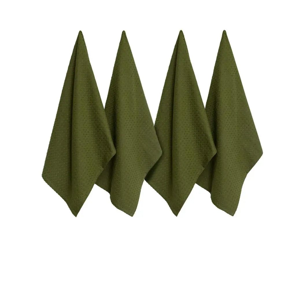 J Elliot Home Waffle Set of 4 Cotton Tea Towels 50 x 70 cm Olive - Home & Garden > Kitchenware