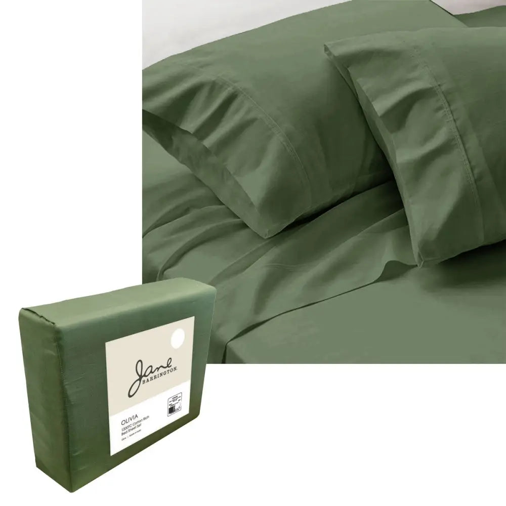 Jane Barrington 1200TC Olivia Cotton Rich Sheet Set 40cm Wall Olive Queen - Home & Garden > Bedding > Bed Sheets