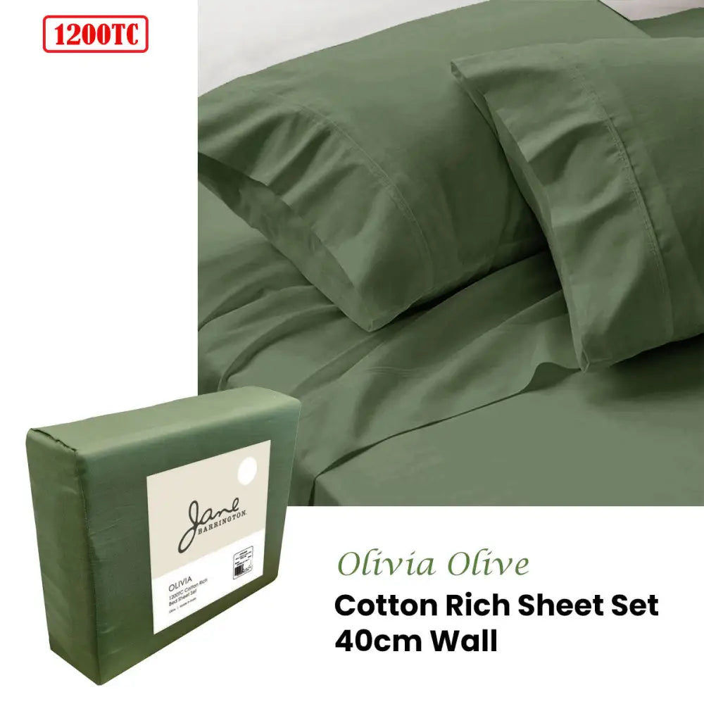 Jane Barrington 1200TC Olivia Cotton Rich Sheet Set 40cm Wall Olive Queen - Home & Garden > Bedding > Bed Sheets