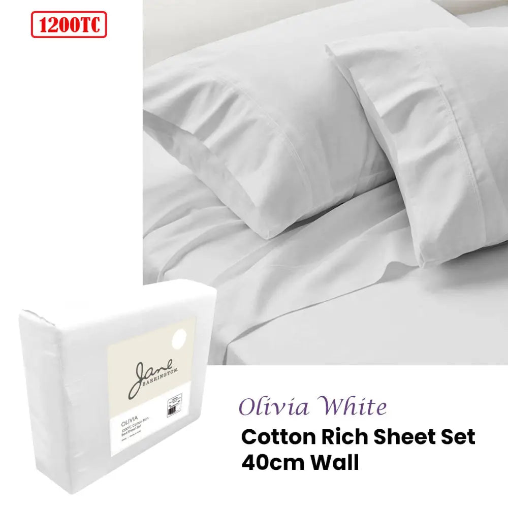 Jane Barrington 1200TC Olivia Cotton Rich Sheet Set 40cm Wall White Queen - Home & Garden > Bedding > Bed Sheets