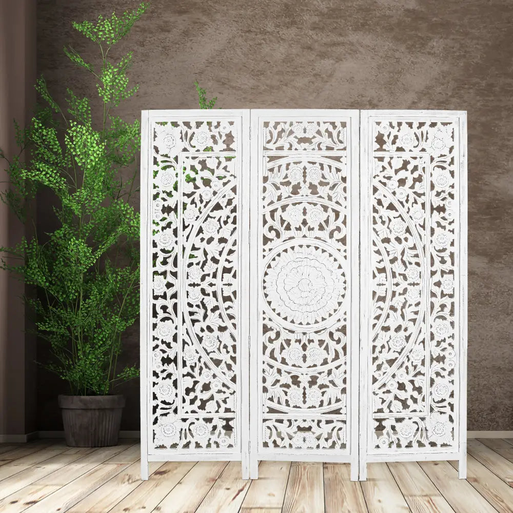 Jans 3 Panel Room Divider Screen Privacy Shoji Timber Wood Stand - White - Furniture > Living Room